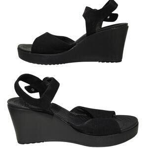 Crocs Hanalei Ankle Strap Wedge Heels Sandals Open Toe Black Womens Size 10